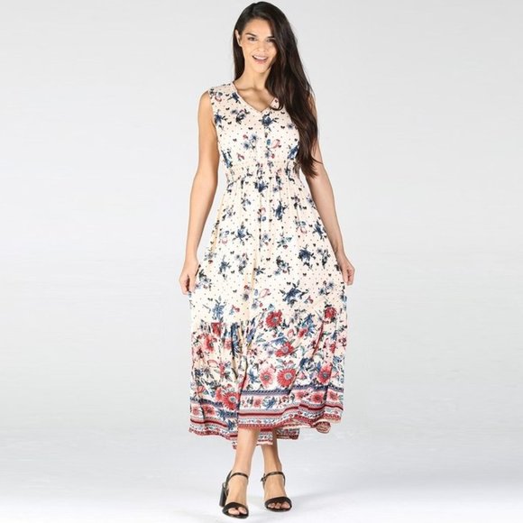 Nostalgia Floral Print Maxi Dress NWT • Sleeveless • V-neck • Smocked Waist - Picture 2 of 3